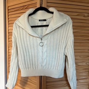 Nasty Gal Cream Quarter Zip Apres Ski Snow Bunny Crochet Knit Sweater M Cropped
